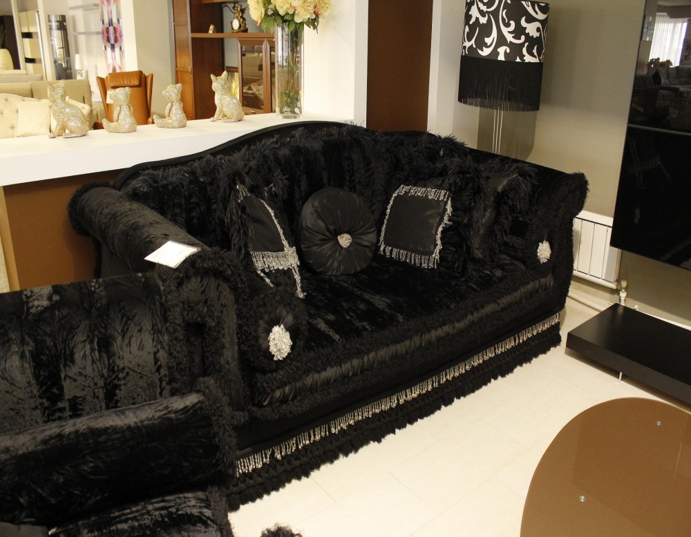 Диван с креслом чёрный ткань с перьями и стразами Ricky фабрика Dolfi Италия